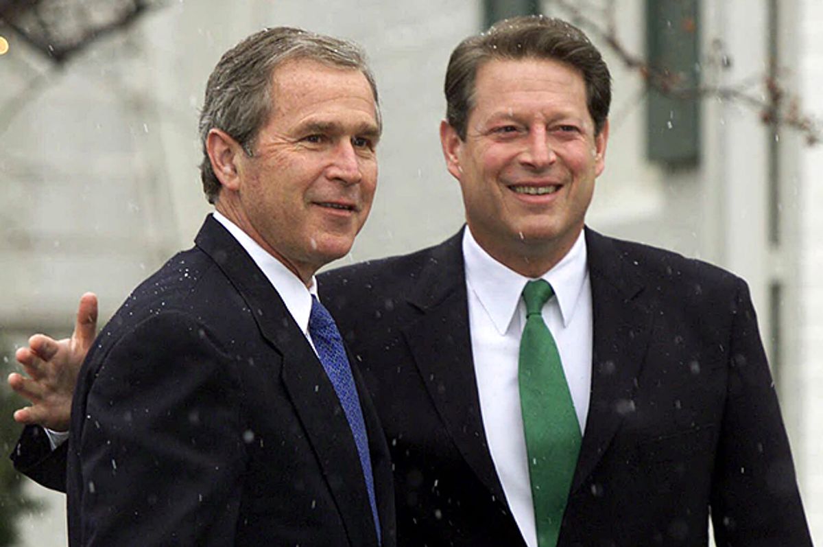 President-elect George W. Bush meets with Vice President Al Gore at Gore's official residence in Washington, Dec. 19, 2000.   (AP/J. Scott Applewhite)