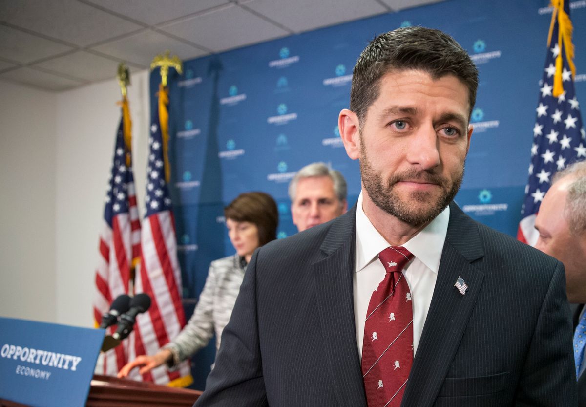 In this Dec. 1, 2015 photo, Speaker of the House Paul Ryan, R-Wis., departs a news conference following a GOP strategy session at the Capitol in Washington, Tuesday, Dec. 1, 2015. From left are Rep. Cathy McMorris Rodgers, R-Wash., chair of the Republican Conference, Majority Leader Kevin McCarthy, R-Calif., Speaker Ryan, and Majority Whip Steve Scalise, R-La.  After months where tea party lawmakers provoked crisis and unrest in Congress, even driving out a speaker, GOP leaders have turned to the business of governing, pushing forward a series of bills destined to get a presidential signature.   (AP Photo/J. Scott Applewhite) (AP)