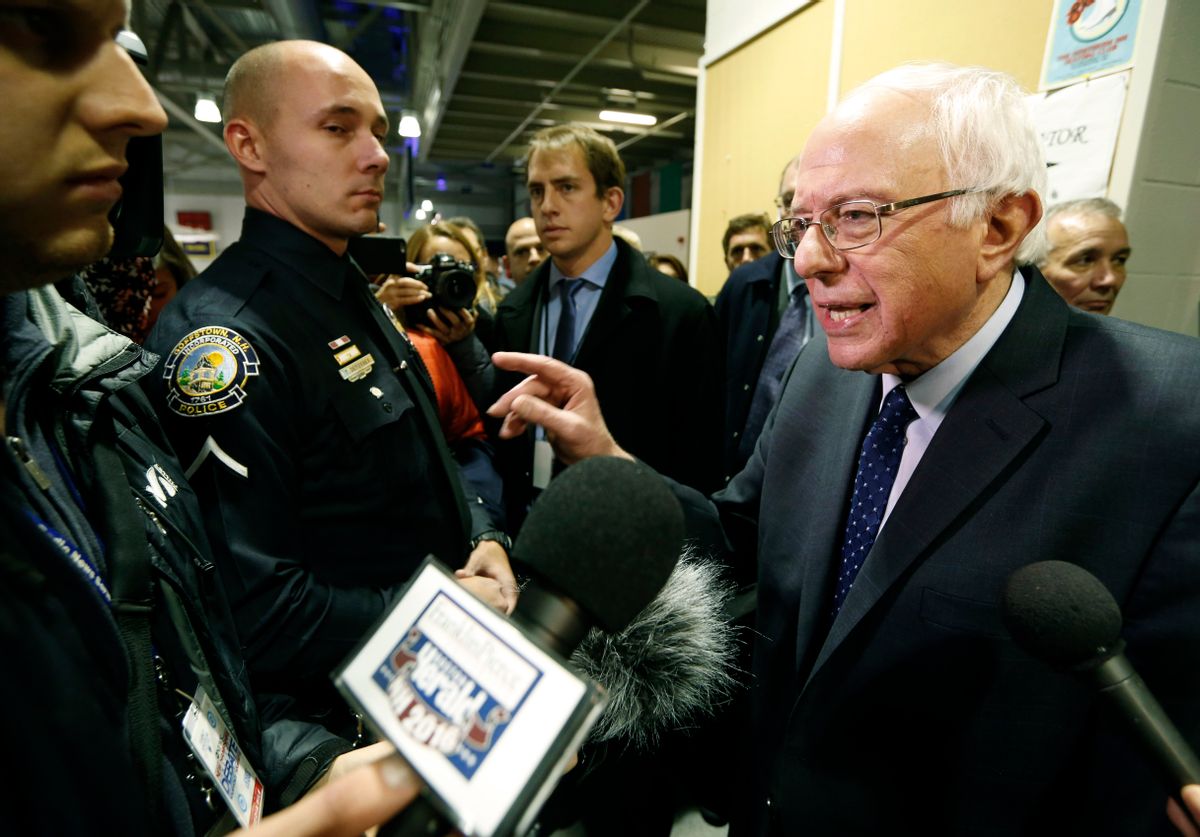 Bernie Sanders speaks to reporters in the media filing center after a Democratic presidential primary debate Saturday, Dec. 19, 2015, at Saint Anselm College in Manchester, N.H. (AP Photo/Michael Dwyer) (AP)