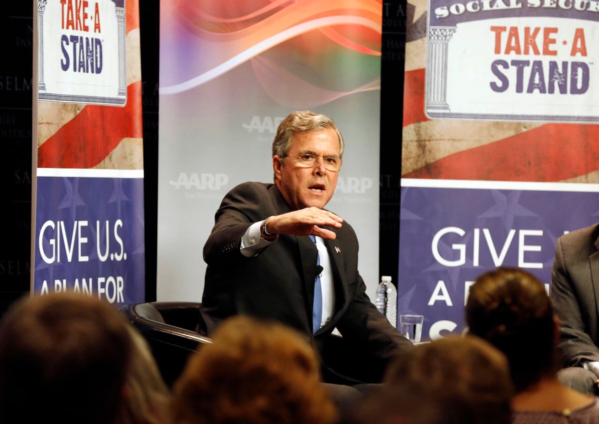 FILE - In this Dec. 8, 2015 file photo, Republican presidential candidate former Florida Gov. Jeb Bush speaks in Manchester, N.H. Bush stubbornly sticks with his wonky approach to the 2016 campaign, even as he continues to falls off the pace. The portion of registered Republican voters who think Bush could win the general election drops to 40 percent in a new Associated Press-GfK poll. (AP Photo/Jim Cole, File) (AP)