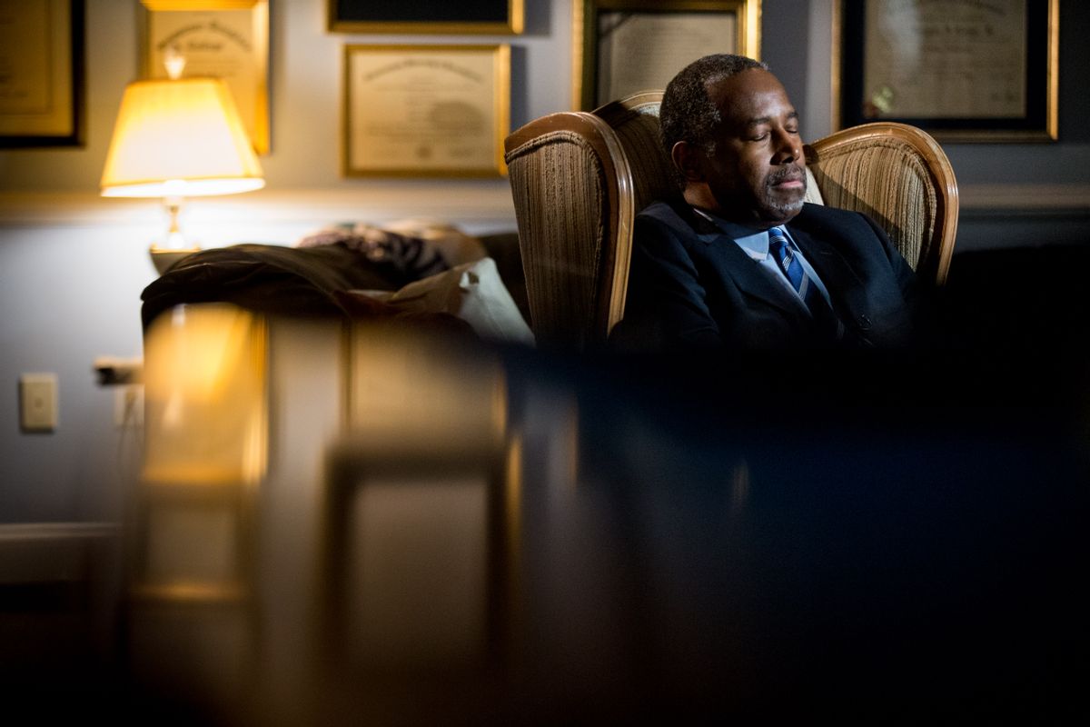 Republican presidential candidate Dr. Ben Carson pauses during an interview with The Associated Press in his home in Upperco, Md., Wednesday, Dec. 23, 2015. (AP Photo/Andrew Harnik) (AP Photo/Andrew Harnik)