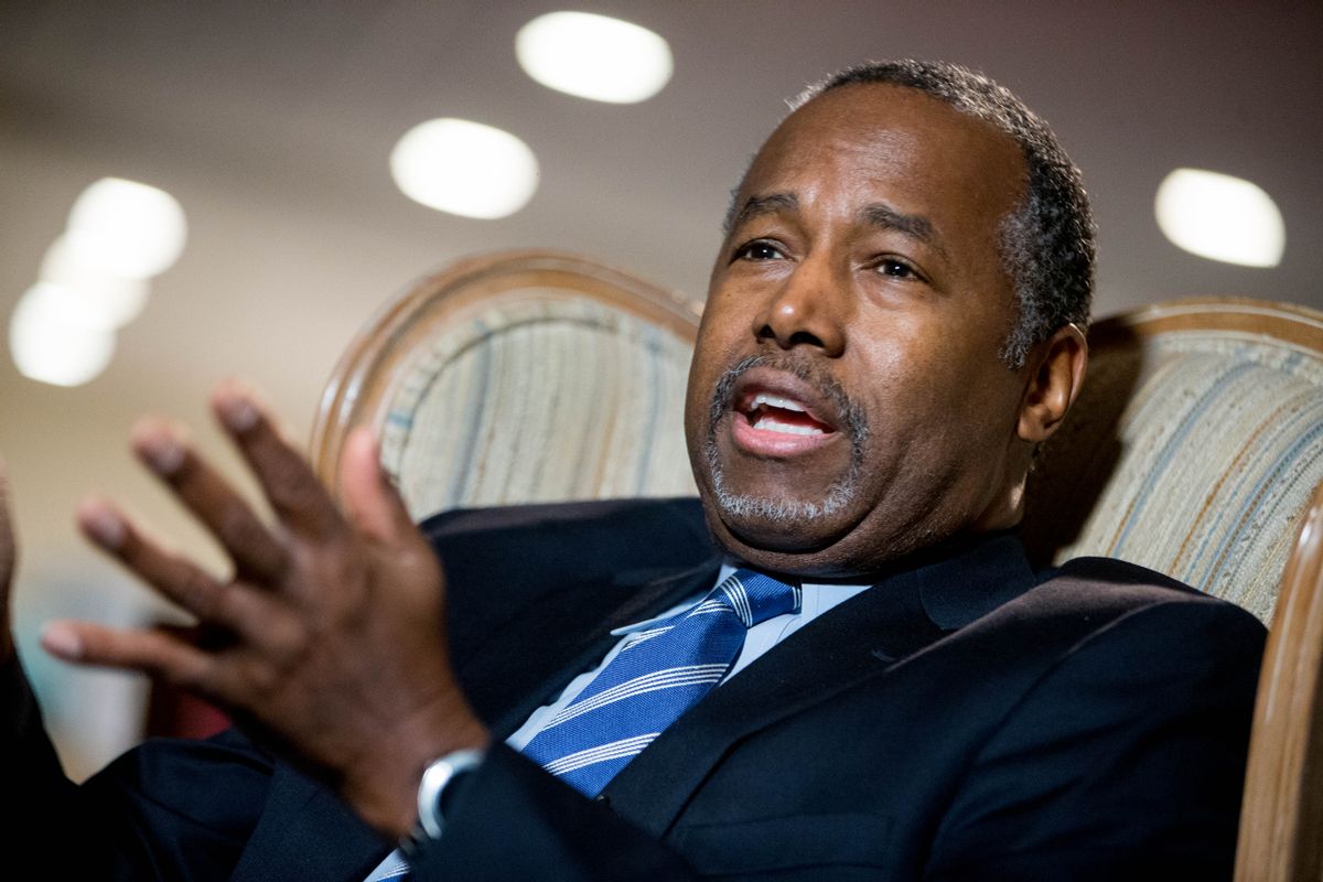 Republican presidential candidate Dr. Ben Carson speaks during an interview with The Associated Press in his home in Upperco, Md., Wednesday, Dec. 23, 2015. (AP Photo/Andrew Harnik) (AP)