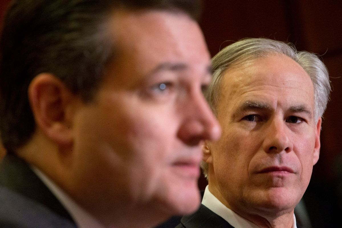 Texas Gov. Greg Abbott. right, listens to Republican presidential candidate Sen. Ted Cruz, R-Texas, left, speak about the resettlement of Syrian refugees in the U.S., during their joint news conference on Capitol Hill in Washington, Tuesday, Dec. 8, 2015.   Abbott was in Washington with Cruz to support a bill Cruz has introduced in Congress banning any refugees from Iraq, Syria or other countries deemed to be controlled by a foreign terrorist organization.  (AP Photo/Pablo Martinez Monsivais) (AP)