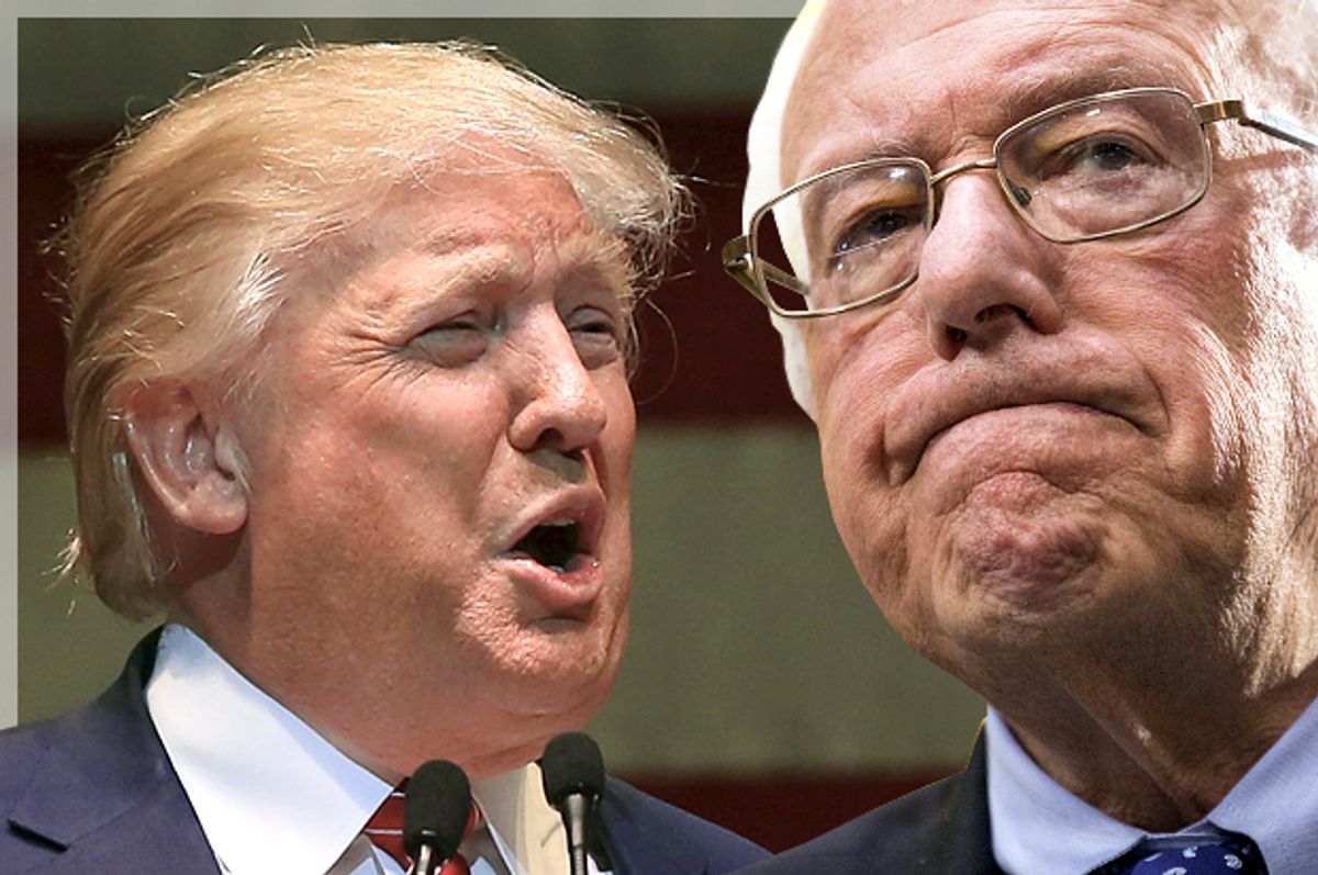 Donald Trump, Bernie Sanders (Reuters/Christopher Aluka Berry/Joshua Roberts/Photo montage by Salon)
