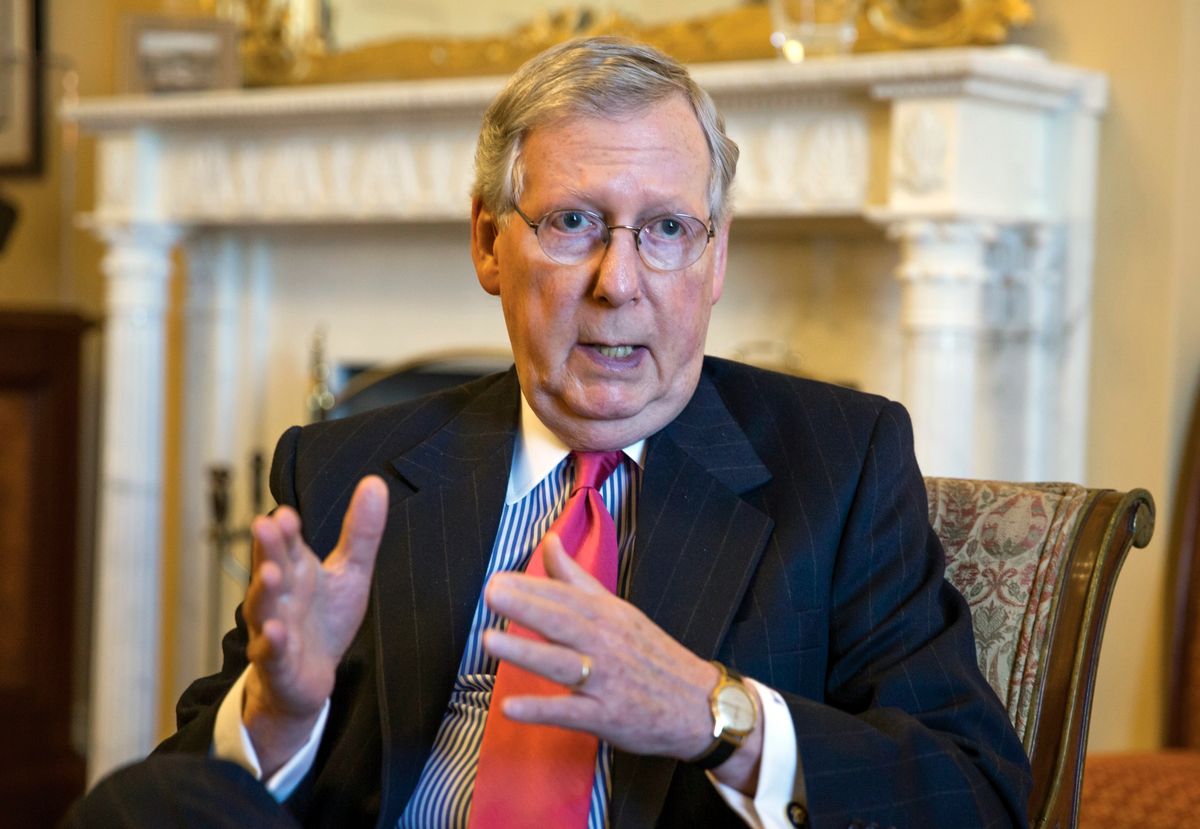 In this Dec. 16, 2015, photo, Senate Majority Leader Mitch McConnell of Ky. gestures during an interview with The Associated Press in his office on Capitol Hill in Washington. (AP Photo/J. Scott Applewhite) (AP)
