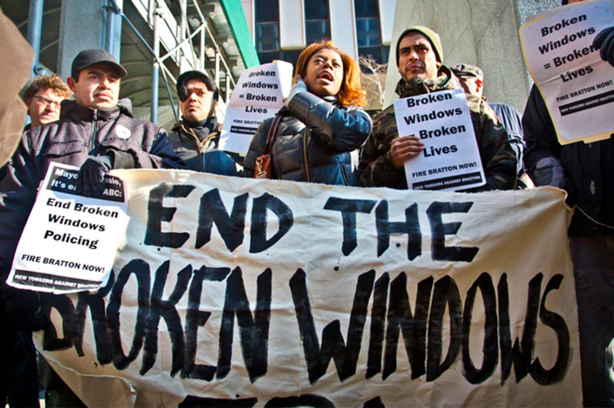 A rally calling for an end to the NYPD policing policy called Broken Windows, Jan. 16, 2015, outside police union headquarters in  New York.    (AP/Bebeto Matthews)