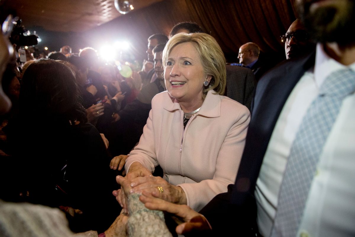 Democratic presidential candidate Hillary Clinton greets members of the audience after  speaking at a rally at the Col Ballroom in Davenport, Iowa, Friday, Jan. 29, 2016. (AP Photo/Andrew Harnik) (AP)