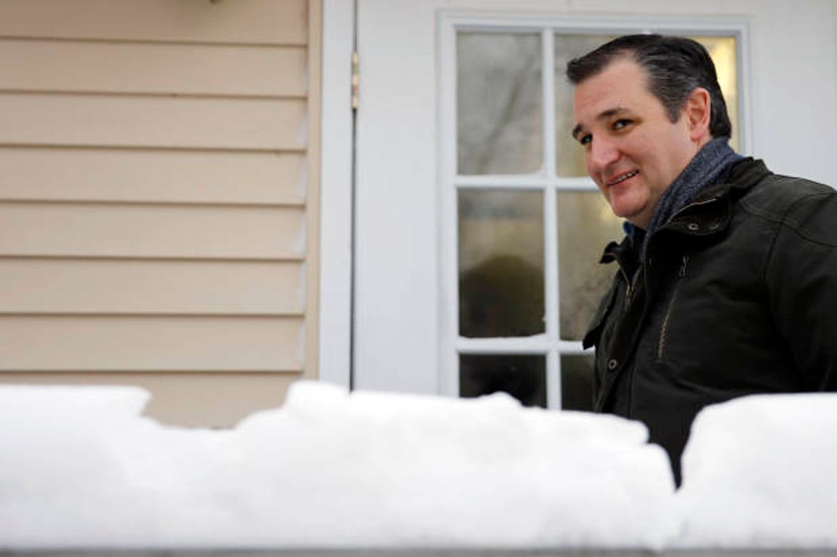 Republican presidential candidate, Sen. Ted Cruz, R-Texas, departs a campaign stop, Monday, Jan. 18, 2016, in Washington, N.H. (AP Photo/Matt Rourke) (AP)