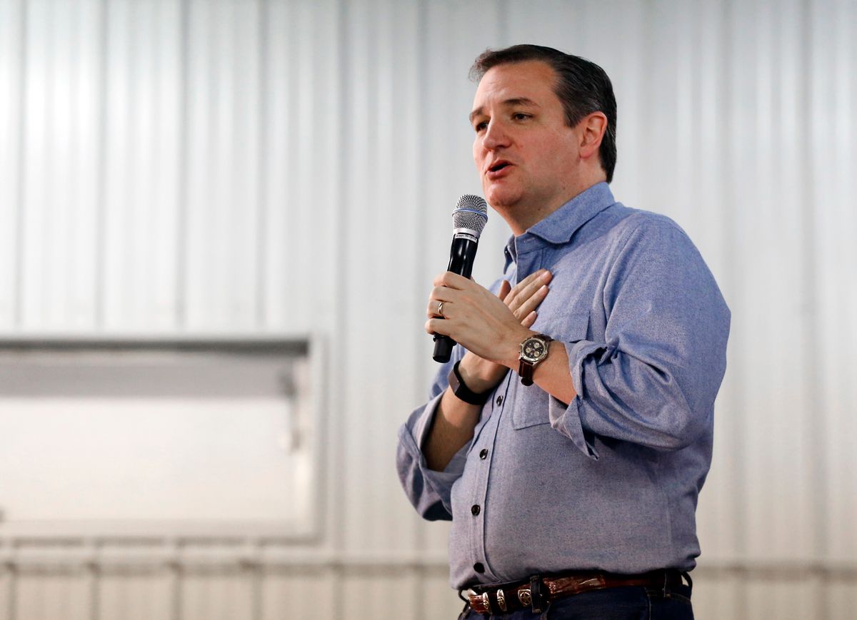 Republican presidential candidate, Sen. Ted Cruz, R-Texas, speaks during a campaign event at the Johnson County Fairgrounds, Sunday, Jan. 31, 2016 in Iowa City, Iowa. (AP Photo/Paul Sancya) (AP)