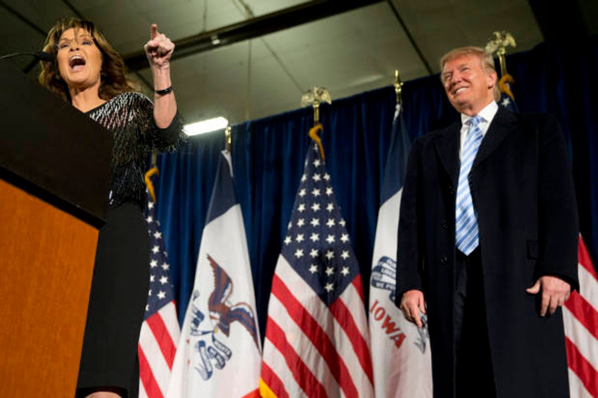 Former Alaska Gov. Sarah Palin, left, endorses Republican presidential candidate Donald Trump during a rally at the Iowa State University, Tuesday, Jan. 19, 2016, in Ames, Iowa. (AP Photo/Mary Altaffer) (AP)