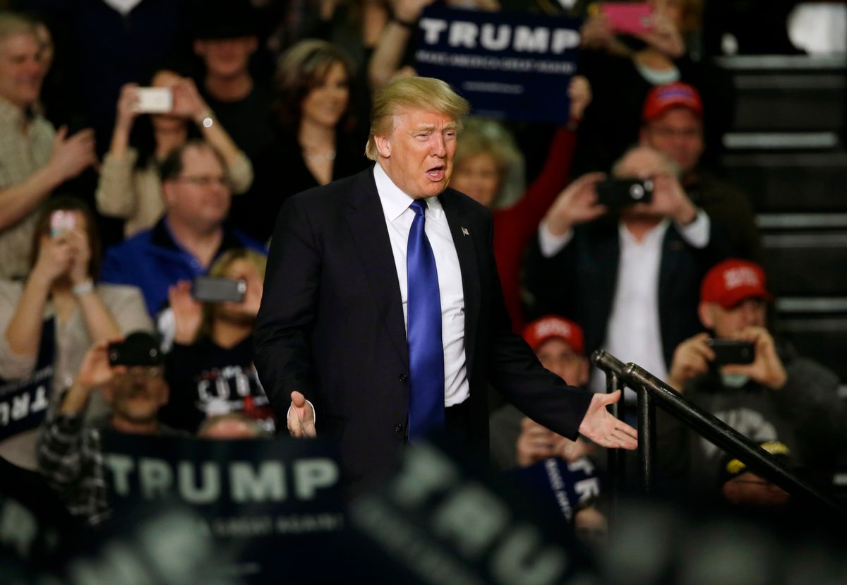 Republican presidential candidate Donald Trump speaks during a campaign rally at Clinton Middle School, Saturday, Jan. 30, 2016, in Clinton, Iowa. (AP Photo/Charlie Neibergall) (AP)