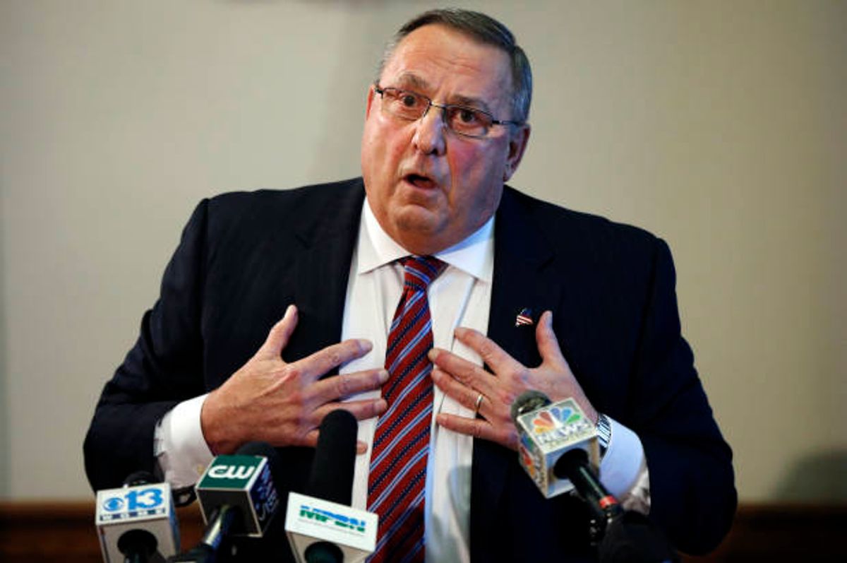 Gov. Paul LePage speaks at a news conference at the State House, Friday, Jan. 8, 2016, in Augusta, Maine. LePage apologized for his remark about out-of-state drug dealers impregnating "young white" girls, saying it was a slip of the tongue. (AP Photo/Robert F. Bukaty) (AP)