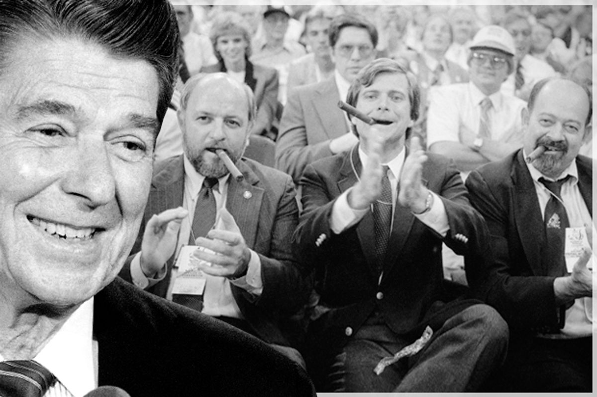 Ronald Reagan; Ed Rollins, Lee Atwater, Lyn Nofziger   (AP/Lana Harris/Ed Kolenovsky/Photo montage by Salon)