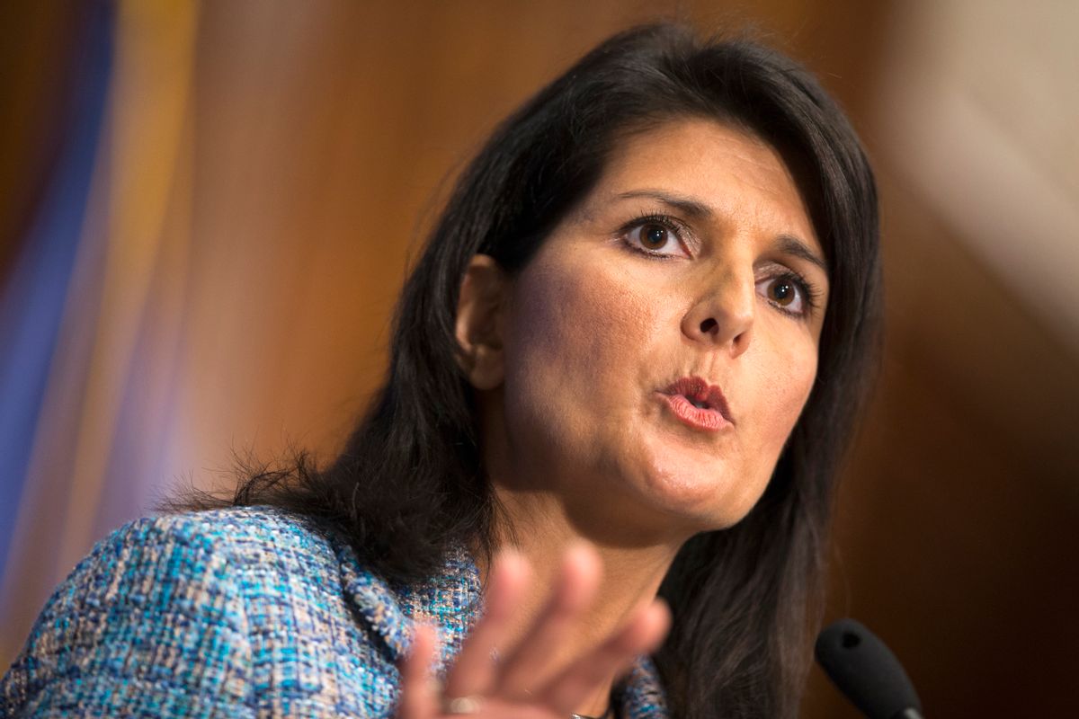 In this photo taken Sept. 2, 2015, South Carolina Gov. Nikki Haley speaks at the National Press Club in Washington. Haley will give the Republican response to President Barack Obama's Jan. 12 State of the Union address. (AP Photo/Evan Vucci) (AP)