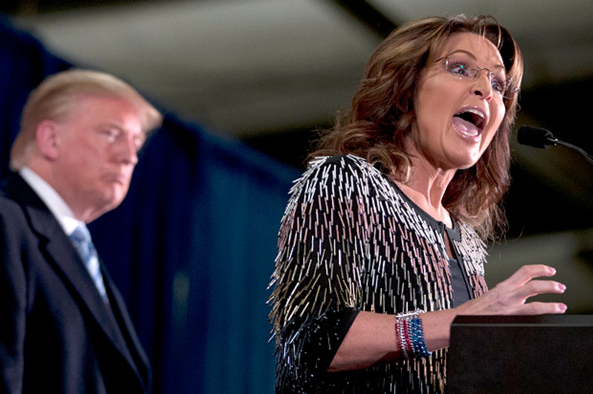 Sarah Palin endorses Donald Trump during a rally at the Iowa State University, Jan. 19, 2016, in Ames, Iowa.   (AP/Mary Altaffer)