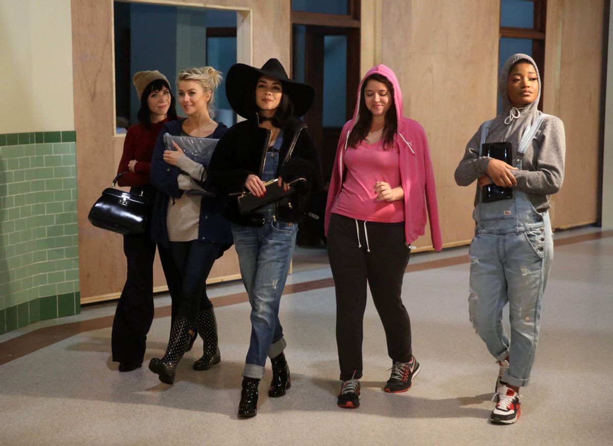 This image released by Fox shows, from left, Carly Rae Jepsen, Julianne Hough, Vanessa Hudgens, Kether Donohue and Keke Palmer during a rehearsal for, "Grease:Live," airing Sunday, Jan. 31, at 7p.m. (Kevin Estrada/FOX via AP) (AP)
