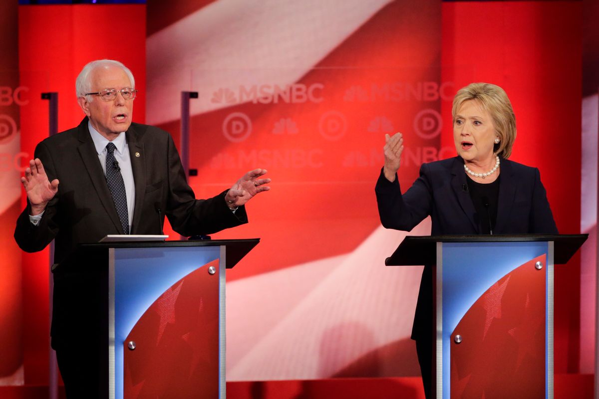 Democratic presidential candidate, Sen. Bernie Sanders, I-Vt,  and Democratic presidential candidate, Hillary Clinton spar during a Democratic presidential primary debate hosted by MSNBC at the University of New Hampshire Thursday, Feb. 4, 2016, in Durham, N.H. (AP Photo/David Goldman) (AP)