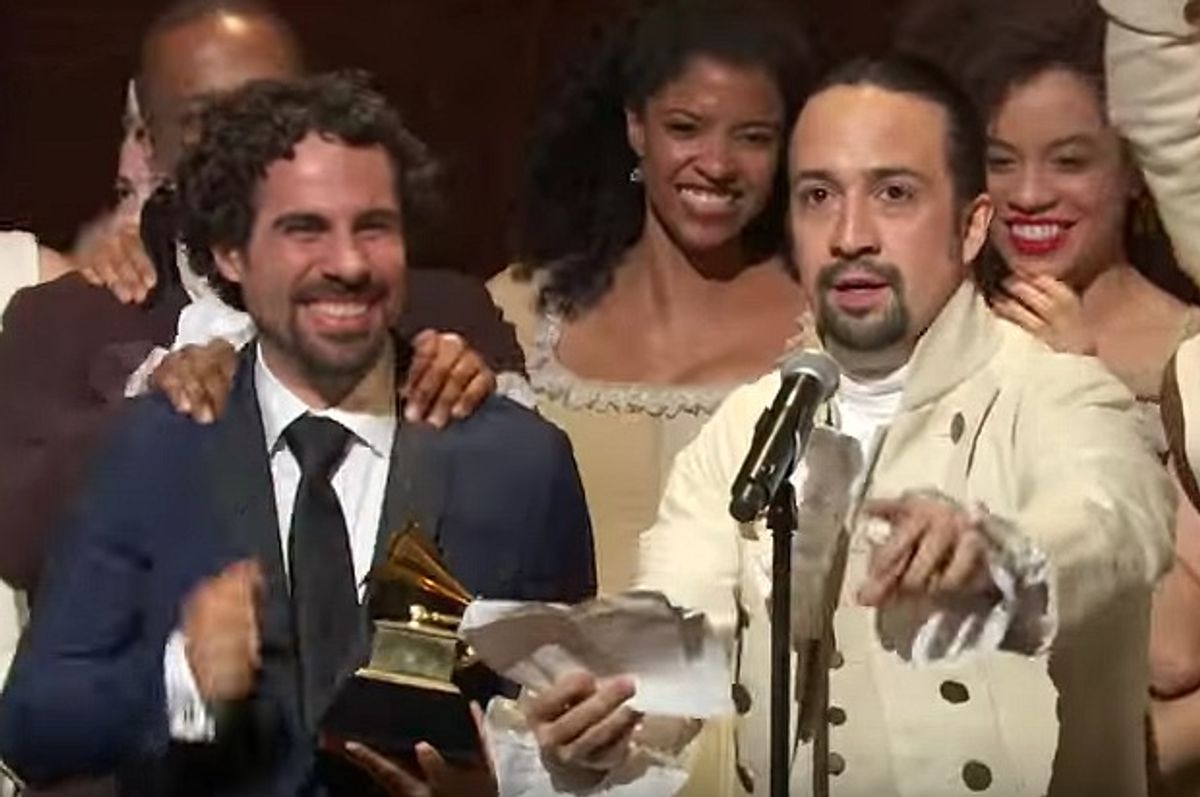 "Hamilton" music director Alex Lacamoire and creator/star Lin-Manuel Miranda accept the Grammy for best musical theater album with the cast. (CBS)