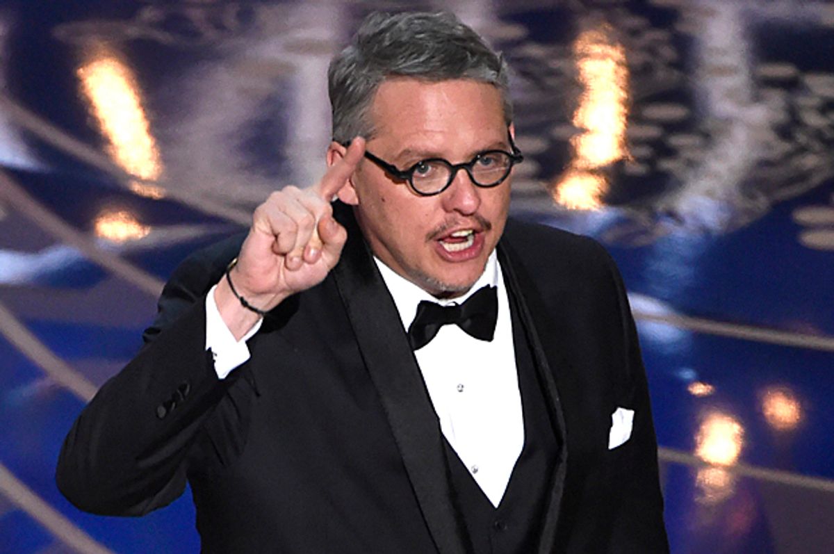 Adam McKay accepts the award for best adapted screenplay for “The Big Short” at the Oscars, Feb. 28, 2016, at the Dolby Theatre in Los Angeles.    (AP/Chris Pizzello)