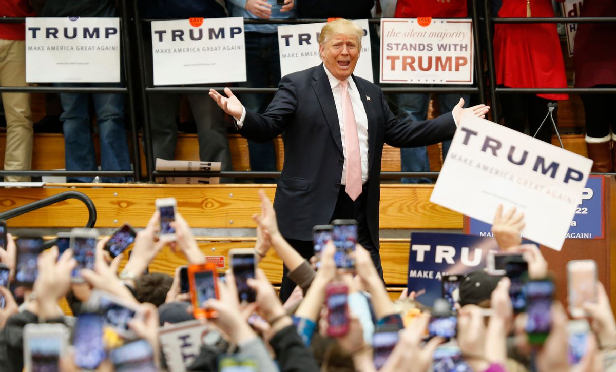 Republican presidential candidate Donald Trump gestures during a rally at Radford University in Radford, Va., Monday, Feb. 29, 2016. (AP Photo/Steve Helber) (AP)