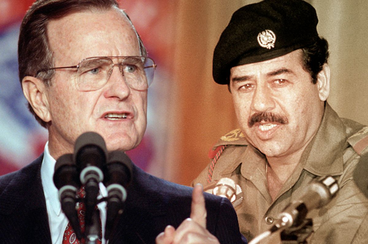 George H. W. Bush, Saddam Hussein   (AP/Ron Edmonds/Photo montage by Salon)