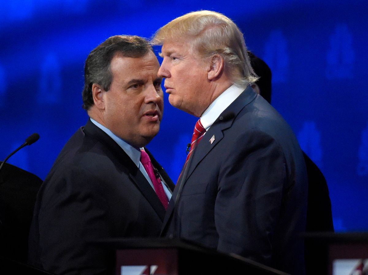 FILE - In this Oct. 28, 2016 file photo, New Jersey Gov. Chris Christie and Donald Trump talk during a break in the CNBC Republican presidential debate at the University of Colorado in Boulder, Colo. Christie had better be hungry: Hes got a lot of harsh words to eat about Trump now that hes endorsed the billionaire. Trump, in turn, has some tough things about Christie to start walking back now that the two men are suddenly allies instead of antagonists in the Republican presidential race. (AP Photo/Mark J. Terrill, File) (AP)