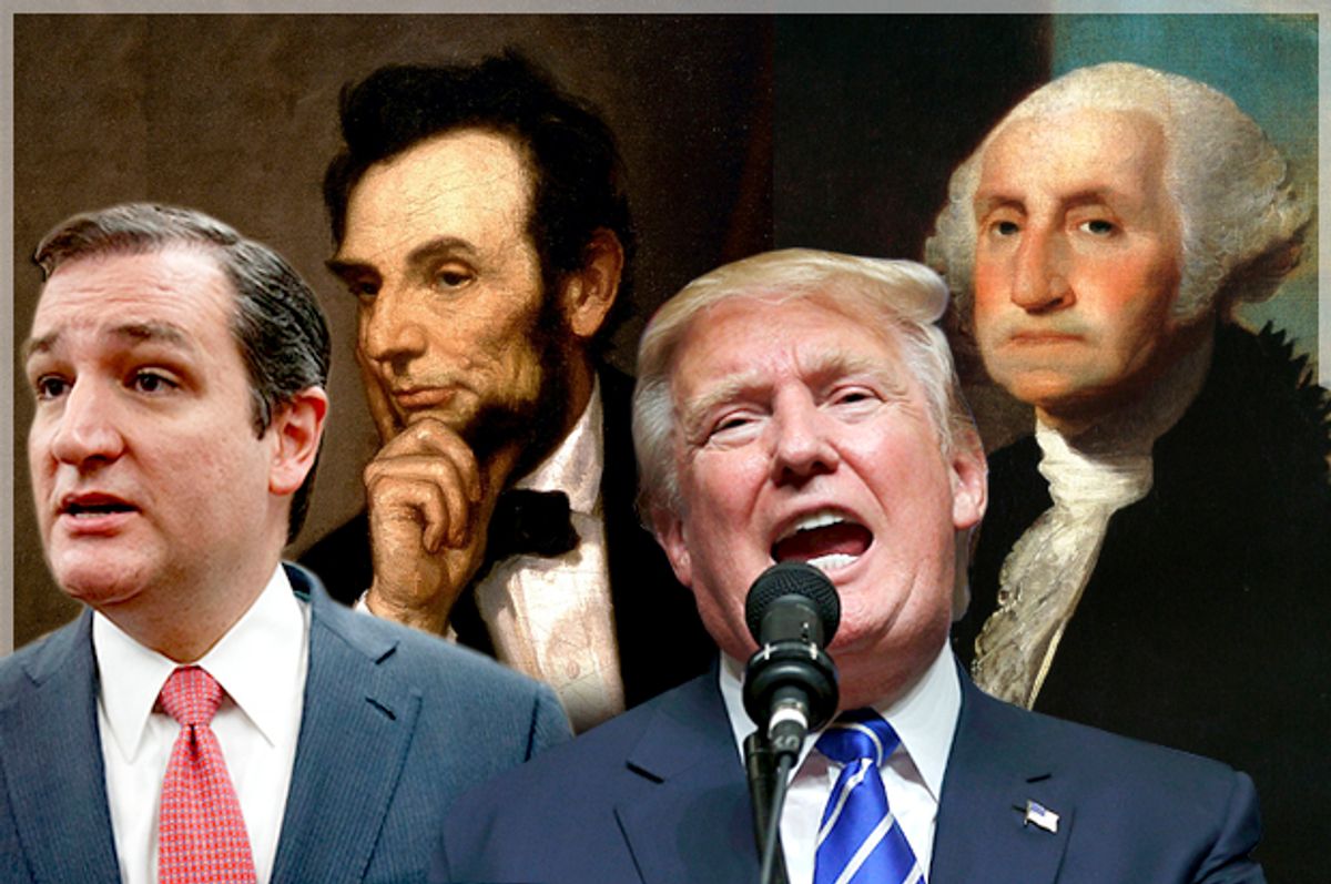 Ted Cruz, Abraham Lincoln, Donald Trump, George Washington   (AP/Richard Drew/J. Scott Applewhite/Wikimedia/Salon)