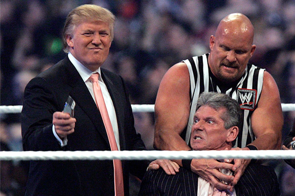 WWE Chairman Vince McMahon, held by "Stone Cold" Steve Austin, prepares to have his hair cut off by Donald Trump at Wrestlemania 23, April 1, 2007.   (AP/Carlos Osorio)