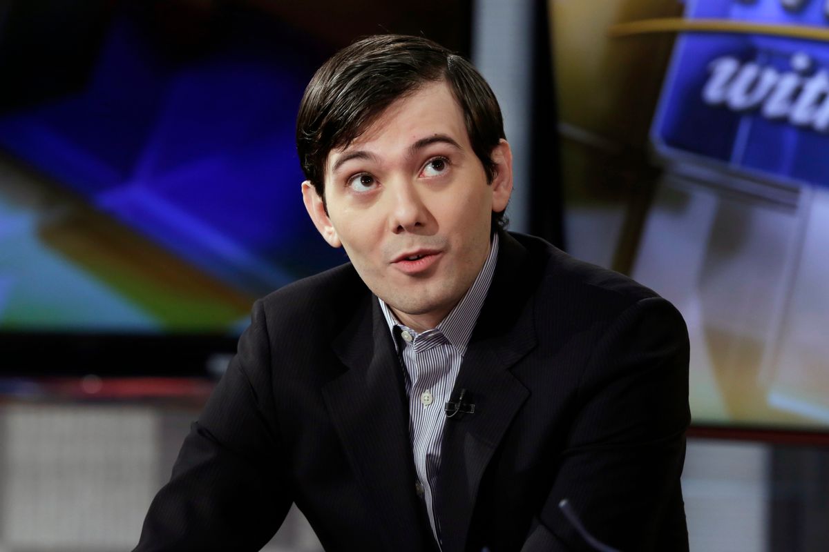 Former Turing Pharmaceuticals CEO Martin Shkreli is interviewed by host Maria Bartiromo during her "Mornings with Maria Bartiromo" program on the Fox Business Network, in New York, Tuesday, Feb. 2, 2016. (AP Photo/Richard Drew) (AP)