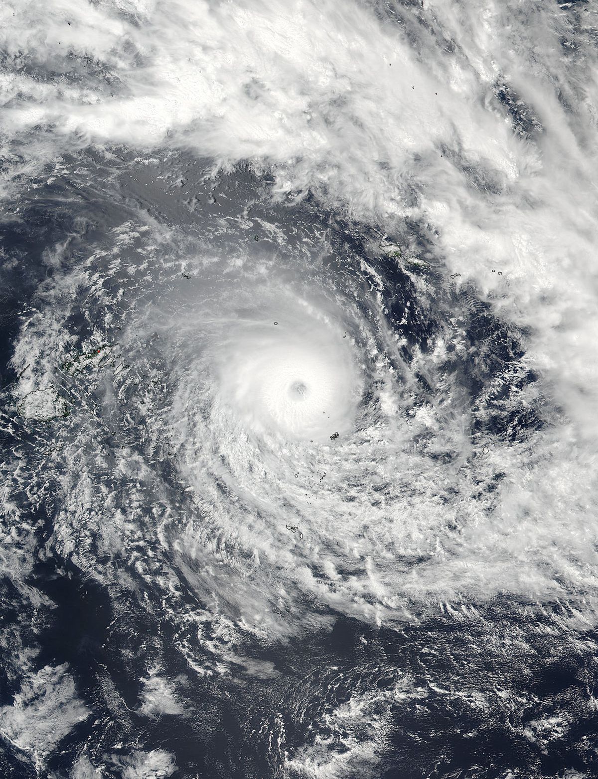 This Feb. 19, 2016, satellite image released by NASA Goddard Rapid Response shows Cyclone Winston in the South Pacific Ocean. The Pacific island nation of Fiji was hunkering down Saturday as a formidable cyclone with winds of 300 kilometers (186 miles) per hour bore down. (NASA Goddard Rapid Response/NOAA via AP) (AP)