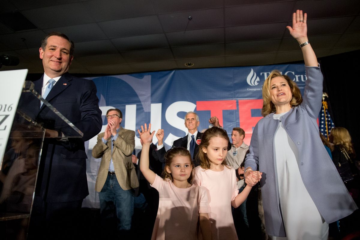 Republican presidential candidate, Sen. Ted Cruz, R-Texas, accompanied by his wife, Heidi, and their two daughters, Catherine, 4, and Caroline, 7, for a South Carolina primary night rally at the South Carolina State Fairgrounds in Columbia, S.C., Saturday, Feb. 20, 2016. () (AP Photo/Andrew Harnik)