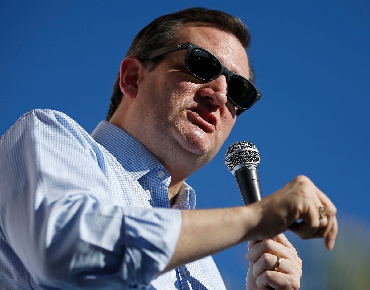 Republican presidential candidate Sen. Ted Cruz, R-Texas, speaks at a rally Sunday, Feb. 21, 2016, in Pahrump, Nev. (AP Photo/John Locher) (AP)