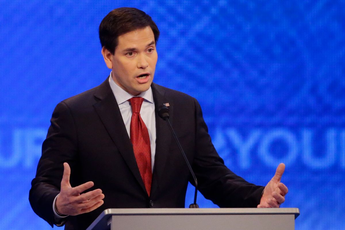Republican presidential candidate, Sen. Marco Rubio, R-Fla.,  answers a question during a Republican presidential primary debate hosted by ABC News at the St. Anselm College  Saturday, Feb. 6, 2016, in Manchester, N.H. (AP Photo/David Goldman) (AP)