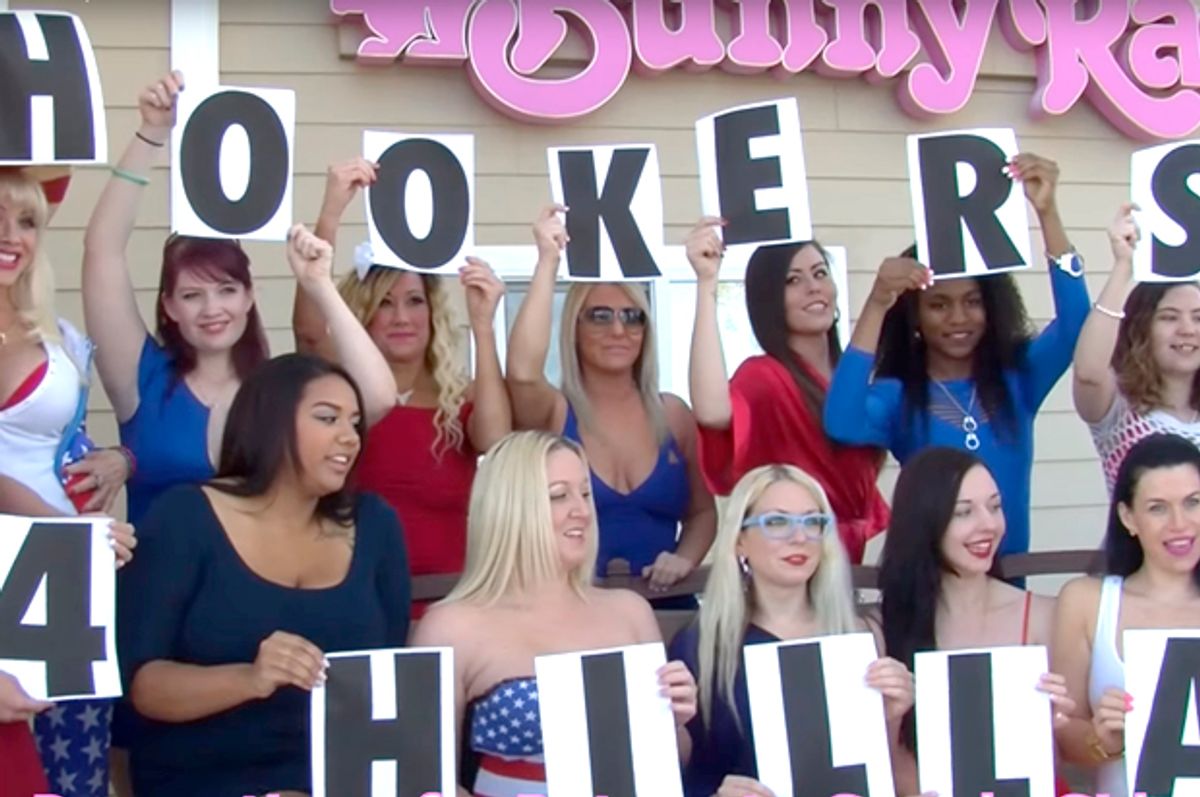 A still from the video "Hookers for Hillary!" showing the sex workers of the Bunny Ranch legal brothel in Carson City, Nevada.   (YouTube/Dennis Hof)