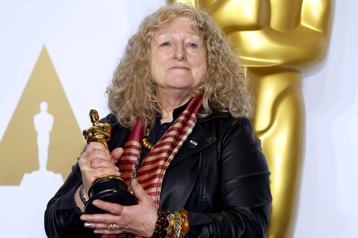 Jenny Beavan poses during the 88th Academy Awards, February 28, 2016.   (Reuters/Mike Blake)