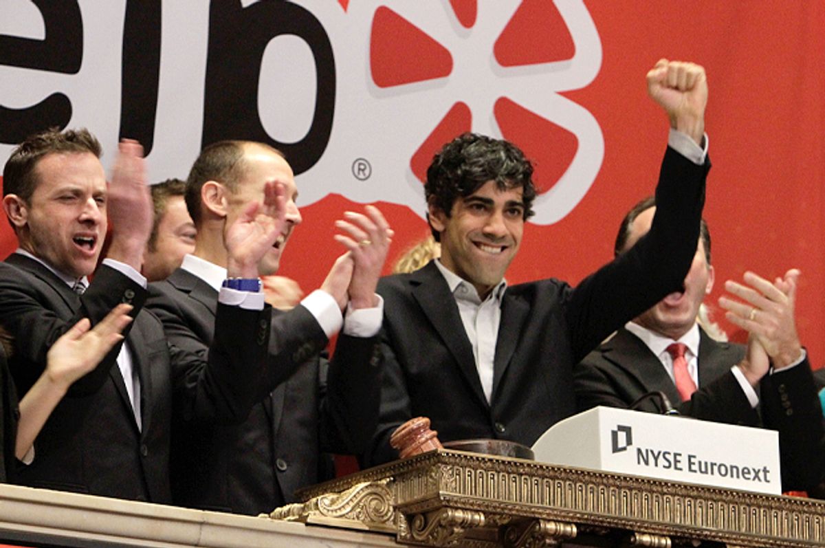 Jeremy Stoppelman, Yelp co-founder and CEO, at opening bell ceremonies of the New York Stock Exchange, March 2, 2012.   (AP/Richard Drew)