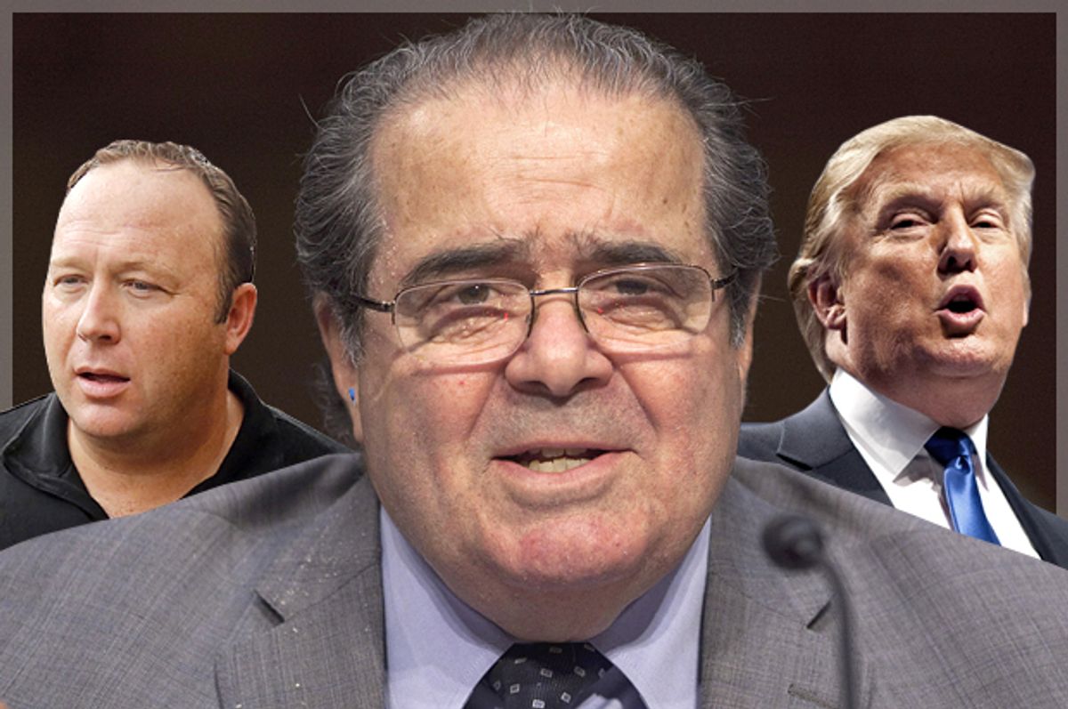 Alex Jones, Antonin Scalia, Donald Trump   (AP/Reuters/Jim Bourg/Evan Vucci/Joshua Roberts/Photo montage by Salon)