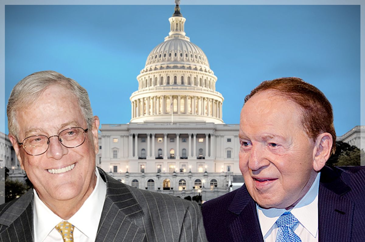 David Koch, Sheldon Adelson   (AP/Evan Agostini/Scott Roth/photo montage by Salon)