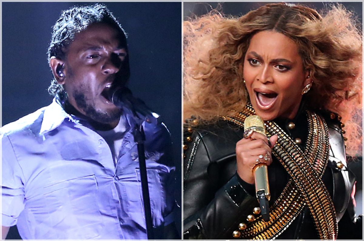 Kendrick Lamar performs at the Grammy Awards, Feb. 15, 2016; Beyoncé performs during halftime in Super Bowl 50, Feb 7, 2016    (AP/Matt Sayles/Reuters/Matthew Emmons)