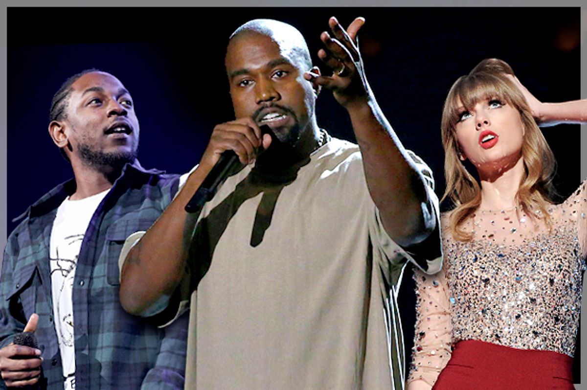 Kendrick Lamar, Kanye West, Taylor Swift   (AP/Reuters/Scott Roth/Mario Anzuoni/Evan Agostini/Photo montage by Salon)