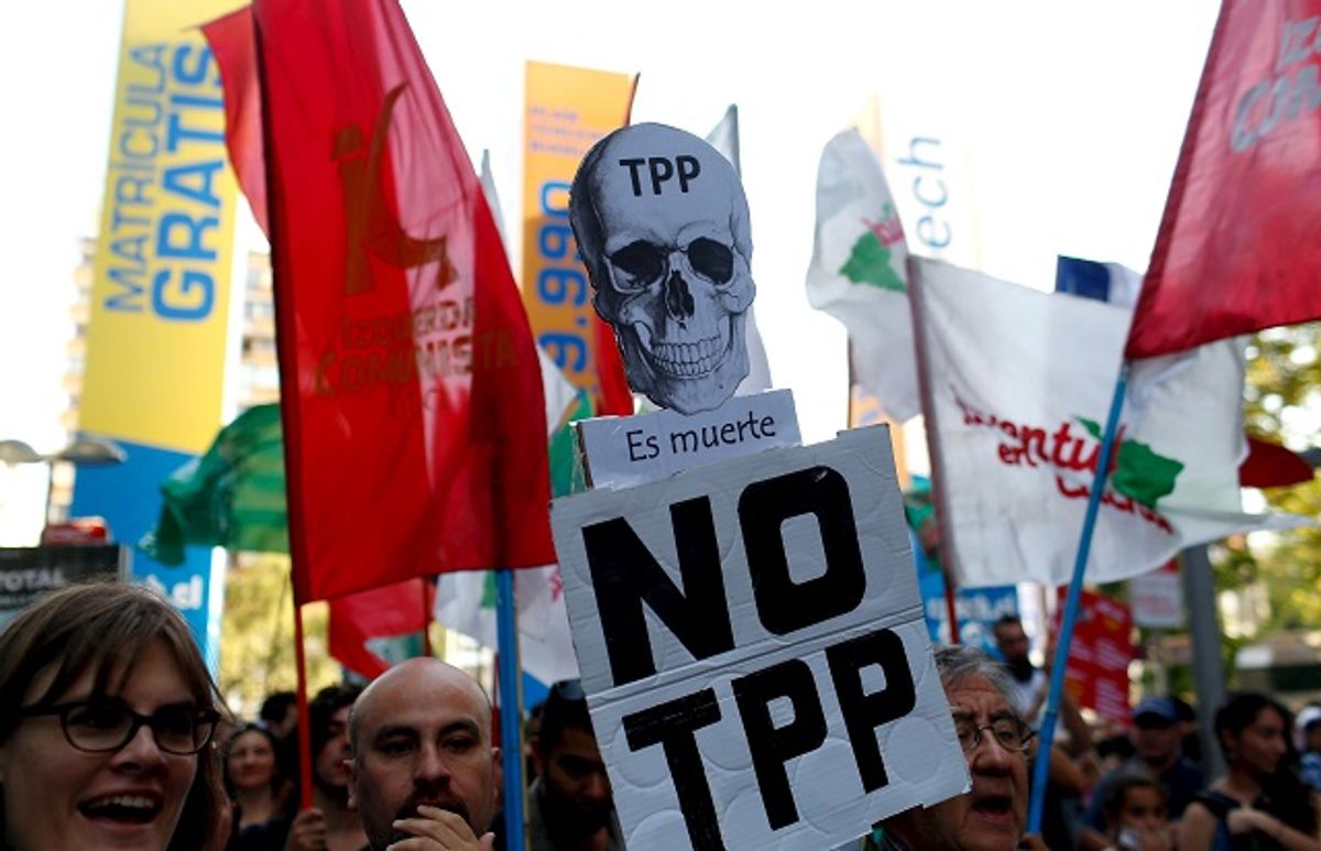 Activists shout slogans during a protest against the Trans-Pacific Partnership and Monsanto in Santiago, Chile on January 22, 2016. The sign reads "TPP is death."  (Reuters/Pablo Sanhueza)