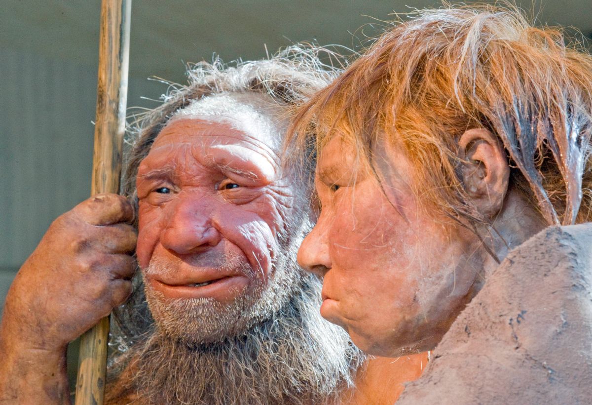 FILE - This Friday, March 20, 2009 file photo shows reconstructions of a Neanderthal man, left, and woman at the Neanderthal museum in Mettmann, Germany. A new study released by the journal Science on Thursday, Feb. 1, 2016 says a persons risk of becoming depressed or hooked on smoking may be influenced by DNA inherited from Neanderthals. (AP Photo/Martin Meissner) (AP)