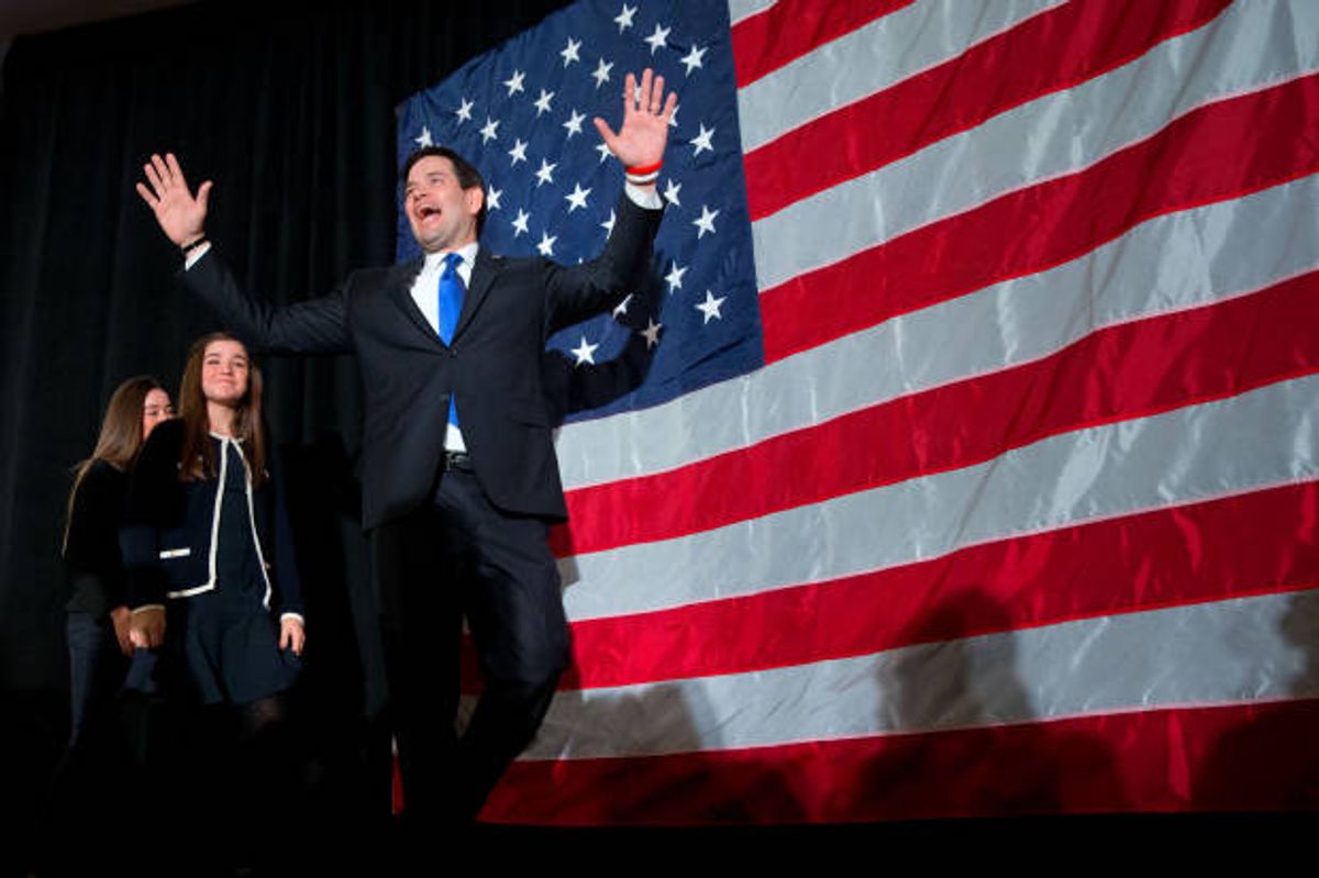 Republican presidential candidate, Sen. Marco Rubio, R-Fla. gestures as he arrives, followed by his daughters, Amanda Rubio, 15, and Daniella Rubio, 13, at his primary night rally at the Radisson Hotel in Manchester, N.H., Tuesday Feb. 9, 2016. (AP Photo/Jacquelyn Martin) (AP)