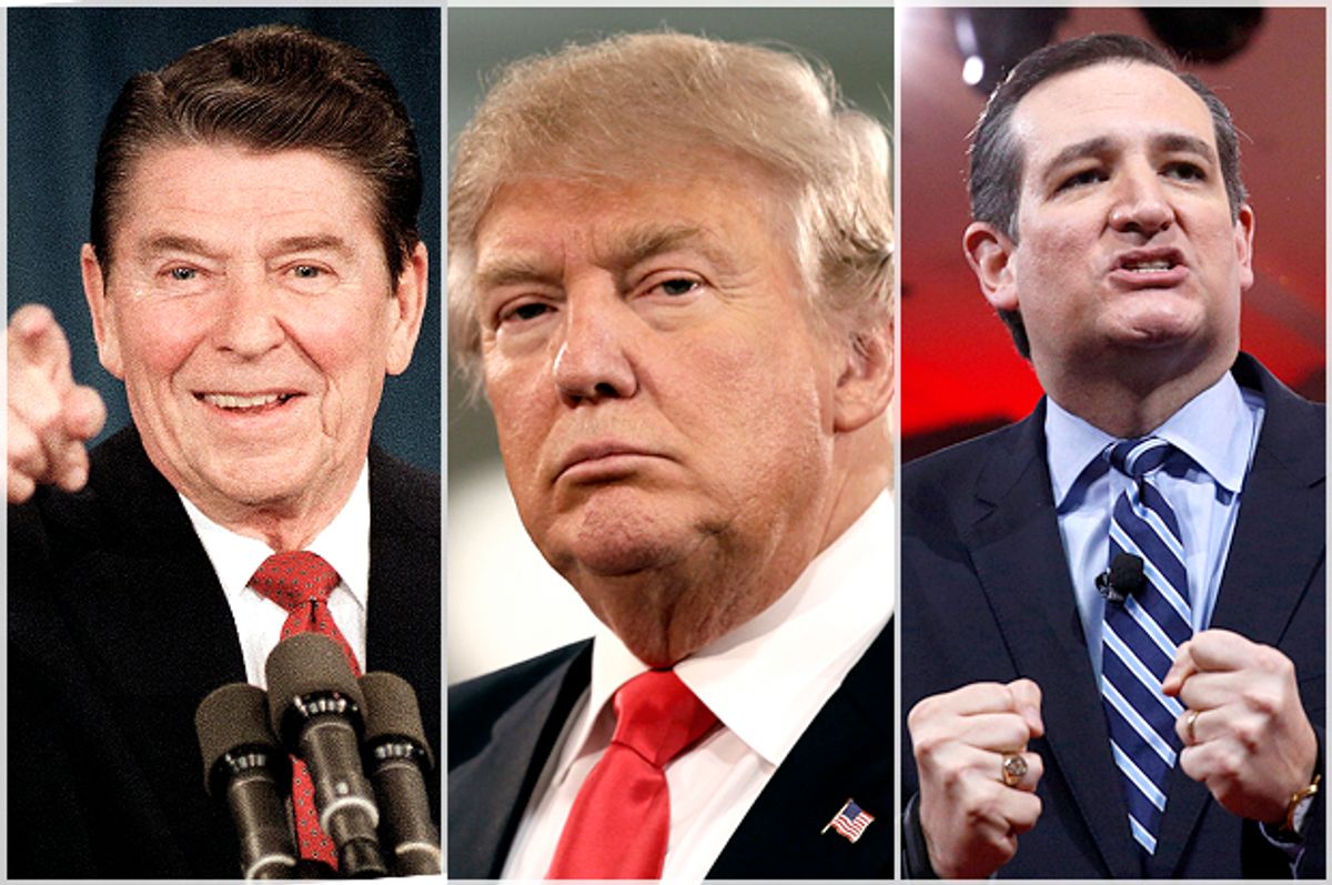 Ronald Reagan, Donald Trump, Ted Cruz   (AP/Reuters/Ira Schwarz/Charlie Neibergall/Kevin Lamarque)