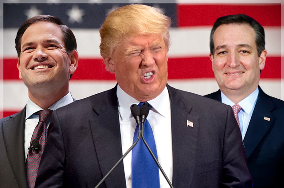 Marco Rubio, Donald Trump, Ted Cruz   (AP/Reuters/Chris Keane/Andrew Harnik/Charlie Neibergall/Phot montage by Salon)