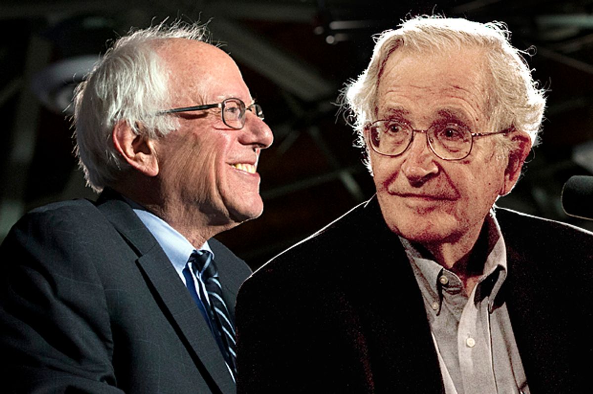 Bernie Sanders, Noam Chomsky   (AP/John Minchillo/Reuters/Jorge Dan/Photo montage by Salon)