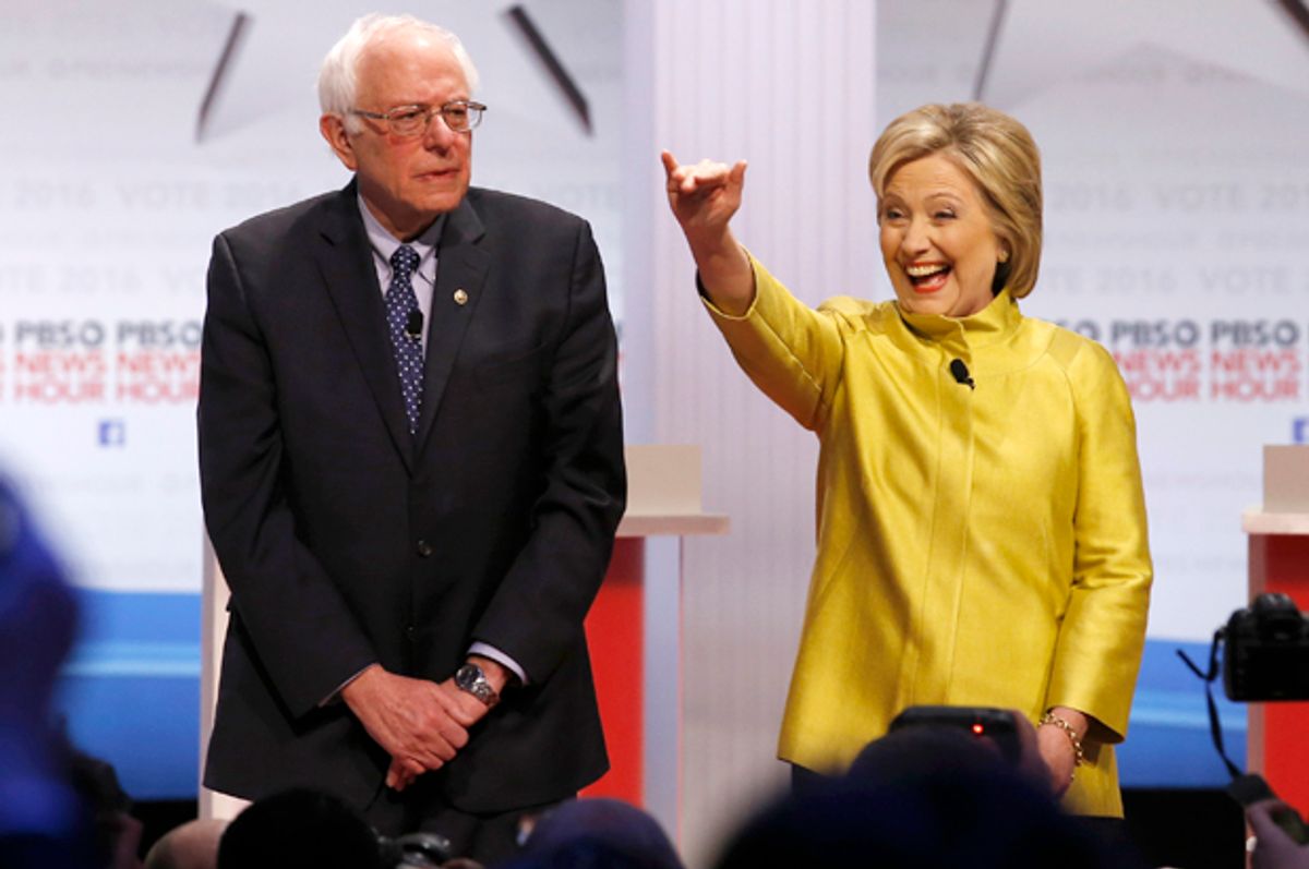 Bernie Sanders and Hillary Clinton at the Democratic debate in Milwaukee, Wisconsin, February 11, 2016.    (AP/Morry Gash)