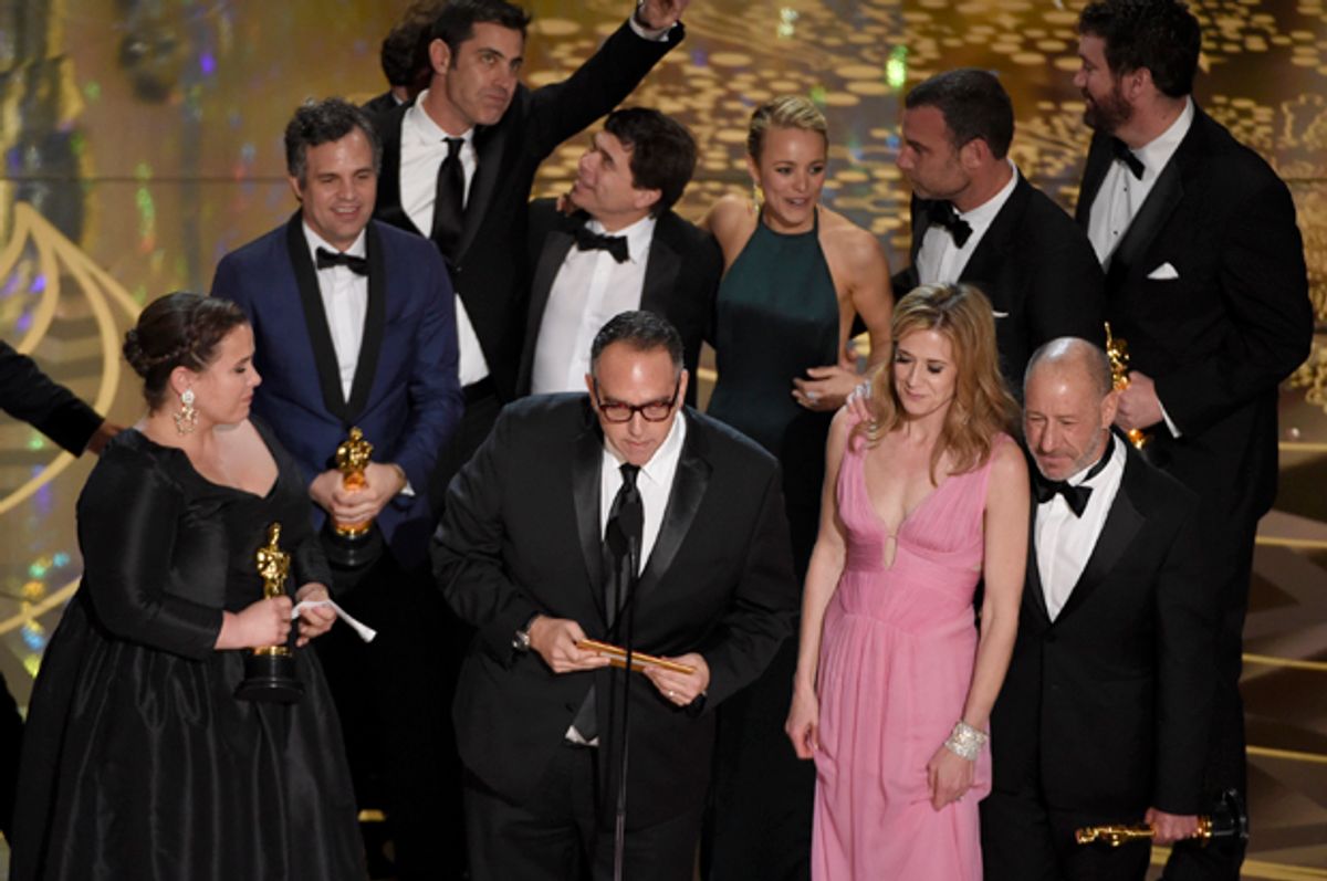 Cast and crew of “Spotlight” accept the award for best picture at the Oscars.   (AP/Chris Pizzello)