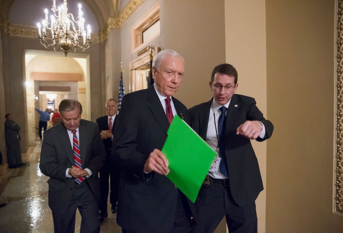 Members of the Senate Judiciary Committee, Sen. Orrin Hatch, R-Utah, center, followed by Sen. Lindsey Graham, R-S.C., left, and Sen. Thom Tillis, R-N.C., rear, leave a closed meeting in the office of Senate Majority Leader Mitch McConnell of Ky., on Capitol Hill in Washington, Tuesday, Feb. 23, 2016. Senate Republicans, most notably Senator McConnell, are facing a high-stakes political showdown with President Barack Obama sparked by the recent death of Supreme Court Justice Antonin Scalia. Republicans controlling the Senate  which must confirm any Obama appointee before the individual is seated on the court  say that the decision is too important to be determined by a lame-duck president. (AP Photo/J. Scott Applewhite) (AP)