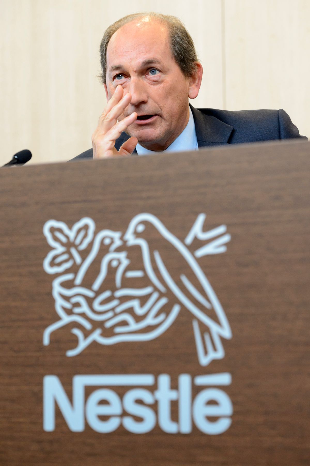 Nestle CEO Paul Bulcke speaks during the 2015 full-year results press conference of Nestle in Vevey, Switzerland, Thursday, Feb. 18, 2016. Nestle reported net income fell to 9.07 billion Swiss francs (US dollar 9.15 billion), from 14.46 billion Swiss francs a year earlier, citing the re-evaluation at the Galderma dermatological pharmaceutical business and the 2014 sale of a stake in the French cosmetics company. (Laurent Gillieron/Keystone via AP) (AP)